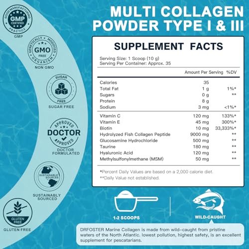 DRFOSTER Marine Collagen Peptide Pulver für Gelenkunterstützung, hydrolysiertes Typ I & III Fischkollagen mit MSM + GC, Hyaluronsäure & Vitamin C für Haut, Haare & Nägel, Wildfangfisch, 35 Portionen