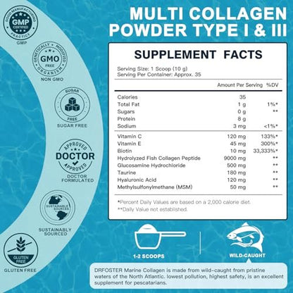 DRFOSTER Marine Collagen Peptide Pulver für Gelenkunterstützung, hydrolysiertes Typ I & III Fischkollagen mit MSM + GC, Hyaluronsäure & Vitamin C für Haut, Haare & Nägel, Wildfangfisch, 35 Portionen