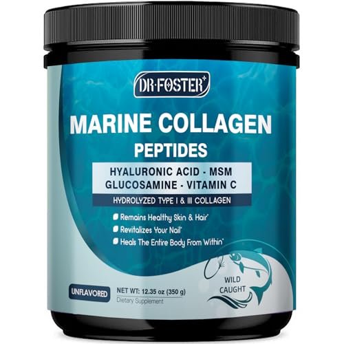 DRFOSTER Marine Collagen Peptide Pulver für Gelenkunterstützung, hydrolysiertes Typ I & III Fischkollagen mit MSM + GC, Hyaluronsäure & Vitamin C für Haut, Haare & Nägel, Wildfangfisch, 35 Portionen