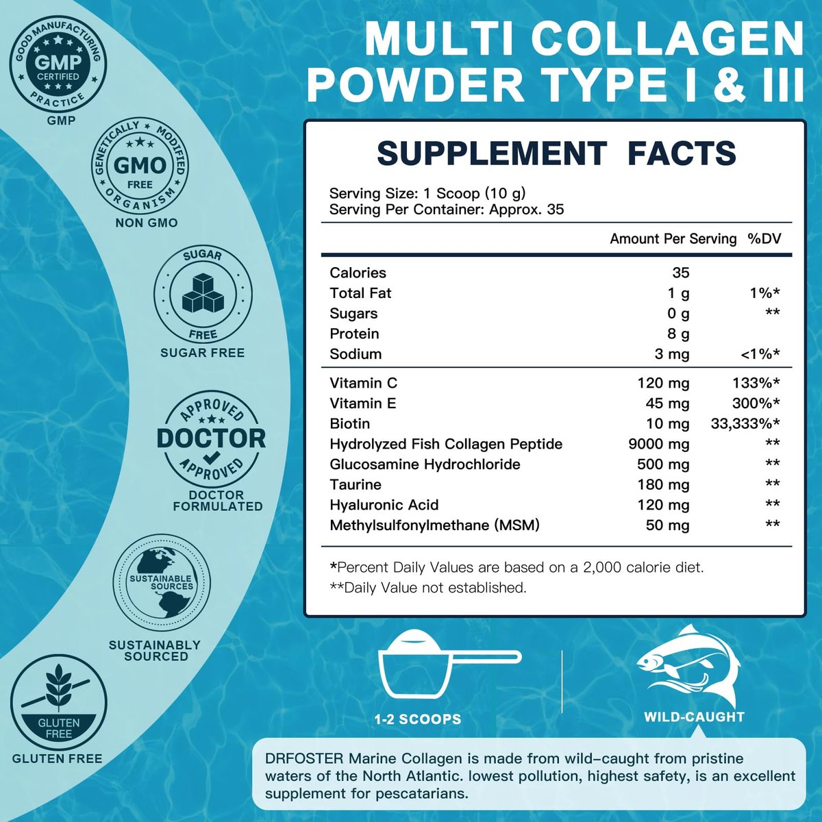DRFOSTER Marine Collagen Peptide Pulver für Gelenkunterstützung, hydrolysiertes Typ I & III Fischkollagen mit MSM + GC, Hyaluronsäure & Vitamin C für Haut, Haare & Nägel, Wildfangfisch, 35 Portionen