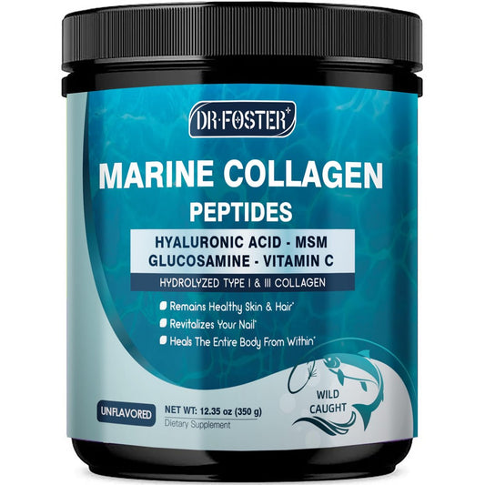 DRFOSTER Marine Collagen Peptide Pulver für Gelenkunterstützung, hydrolysiertes Typ I & III Fischkollagen mit MSM + GC, Hyaluronsäure & Vitamin C für Haut, Haare & Nägel, Wildfangfisch, 35 Portionen