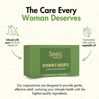Seeq Wellness Vitamin-E-Zäpfchen – Linderung bei vaginaler Trockenheit und Reizungen – Unterstützung in den Wechseljahren – Natürliche Intimpflege – 35 IE – 24 Stück