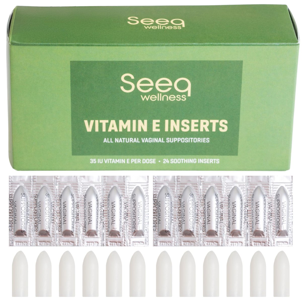 Seeq Wellness Vitamin-E-Zäpfchen – Linderung bei vaginaler Trockenheit und Reizungen – Unterstützung in den Wechseljahren – Natürliche Intimpflege – 35 IE – 24 Stück