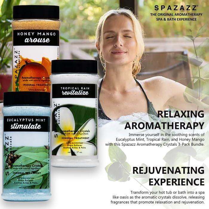 Spazazz Hot Tub Aromatherapie Badesalz Kristalle 3er-Pack - Eukalyptus Minze Belebend - Tropischer Regen Revitalisierend - Honig Mango Erregend - Botanicals Kollektion Düfte zum Entspannen im Whirlpool (17 oz)