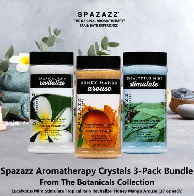 Spazazz Hot Tub Aromatherapie Badesalz Kristalle 3er-Pack - Eukalyptus Minze Belebend - Tropischer Regen Revitalisierend - Honig Mango Erregend - Botanicals Kollektion Düfte zum Entspannen im Whirlpool (17 oz)