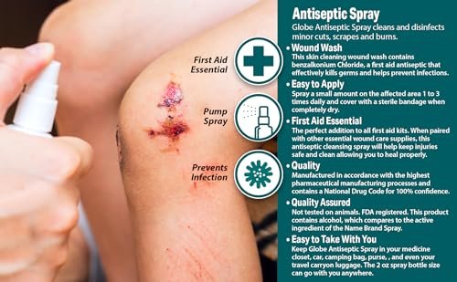 Globe Erste Hilfe Antiseptisches Spray, Wundreiniger, Benzalkoniumchlorid für kleine Schnitte, Schürfwunden und Verbrennungen, 60 ml (1)