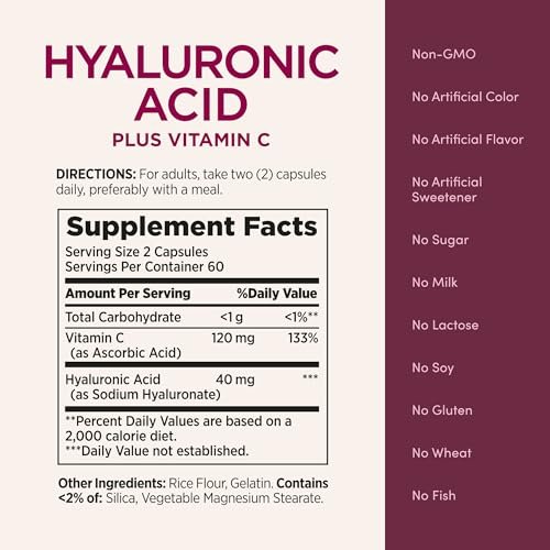 Nature's Bounty Vitamin C und Hyaluronsäure Kapseln – Für strahlende Haut, Immunsystem & Kollagenproduktion, 120 Kapseln (60 Tage Vorrat)