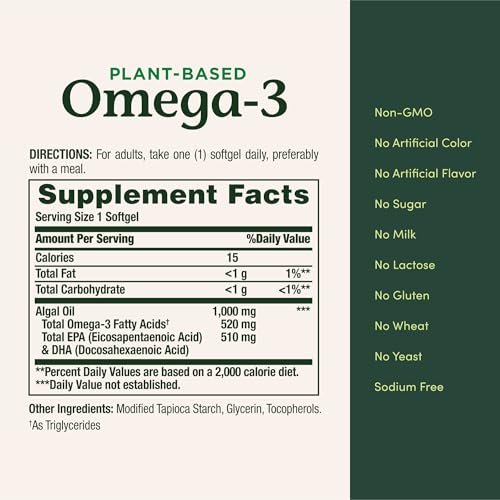 Nature's Bounty Omega 3, pflanzliches Omega-3-Fettsäure-Präparat, 520 mg, unterstützt die allgemeine Gesundheit einschließlich Herz, Haut, Gelenke, 30 vegetarische Softgels, Alternative zu Fischöl