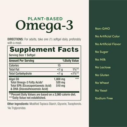 Nature's Bounty Omega 3, pflanzliches Omega-3-Fettsäure-Präparat, 520 mg, unterstützt die allgemeine Gesundheit einschließlich Herz, Haut, Gelenke, 30 vegetarische Softgels, Alternative zu Fischöl