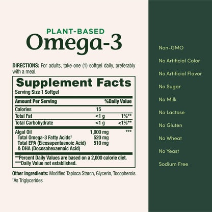 Nature's Bounty Omega 3, pflanzliches Omega-3-Fettsäure-Präparat, 520 mg, unterstützt die allgemeine Gesundheit einschließlich Herz, Haut, Gelenke, 30 vegetarische Softgels, Alternative zu Fischöl