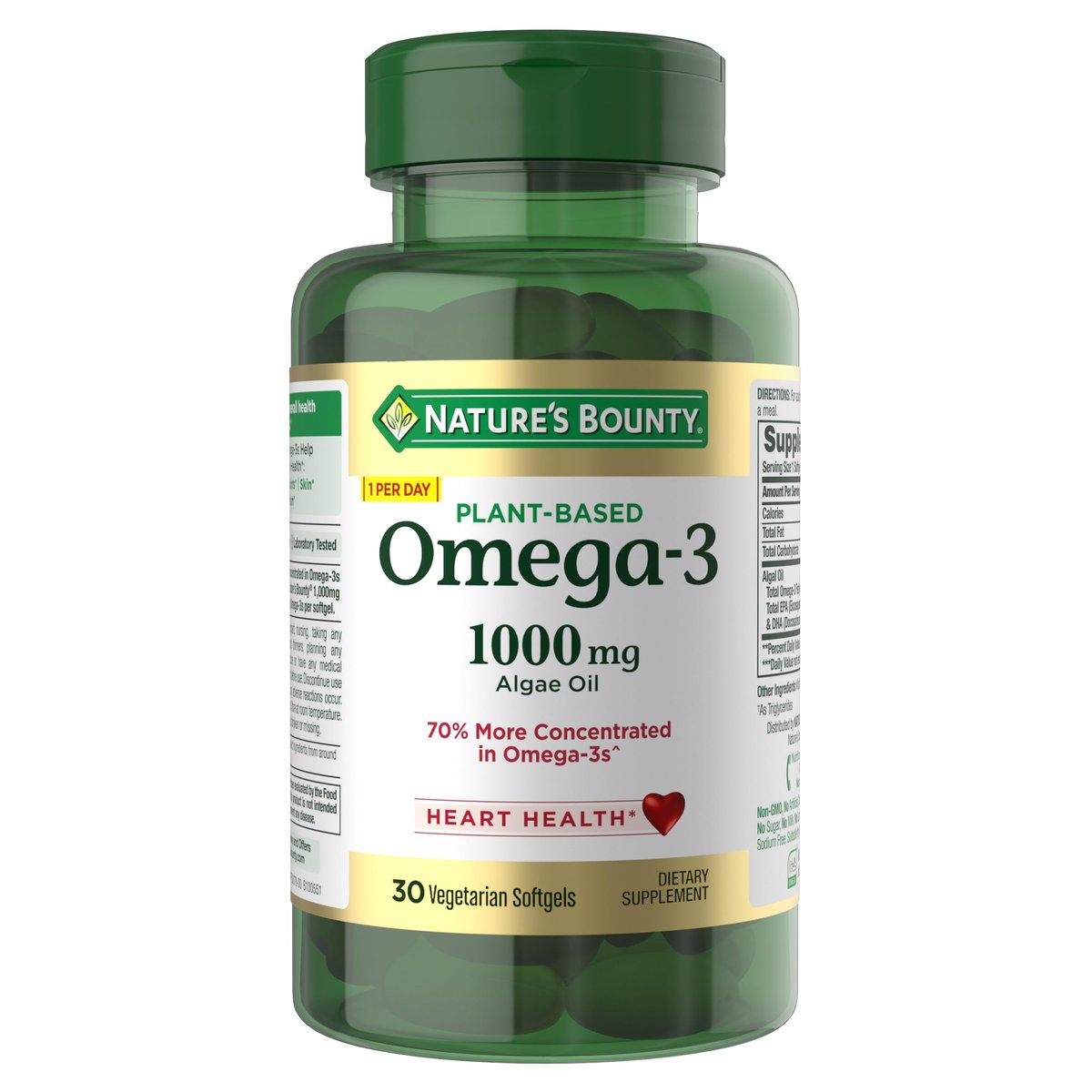 Nature's Bounty Omega 3, pflanzliches Omega-3-Fettsäure-Präparat, 520 mg, unterstützt die allgemeine Gesundheit einschließlich Herz, Haut, Gelenke, 30 vegetarische Softgels, Alternative zu Fischöl