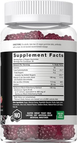 Horbaach Sambucus Schwarzer Holunder Gummibärchen | 60 Stück | mit Zink und Vitamin C | Vegan, Nicht-GVO, Glutenfrei | Holunderextrakt für Erwachsene | Beerengeschmack | von Berkshire Labs
