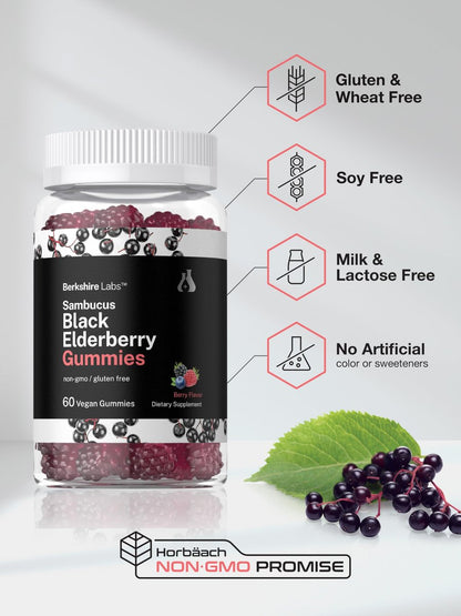 Horbaach Sambucus Schwarzer Holunder Gummibärchen | 60 Stück | mit Zink und Vitamin C | Vegan, Nicht-GVO, Glutenfrei | Holunderextrakt für Erwachsene | Beerengeschmack | von Berkshire Labs