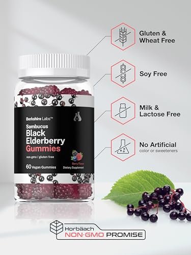 Horbaach Sambucus Schwarzer Holunder Gummibärchen | 60 Stück | mit Zink und Vitamin C | Vegan, Nicht-GVO, Glutenfrei | Holunderextrakt für Erwachsene | Beerengeschmack | von Berkshire Labs