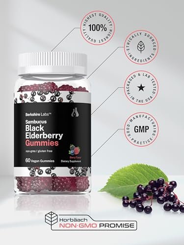 Horbaach Sambucus Schwarzer Holunder Gummibärchen | 60 Stück | mit Zink und Vitamin C | Vegan, Nicht-GVO, Glutenfrei | Holunderextrakt für Erwachsene | Beerengeschmack | von Berkshire Labs