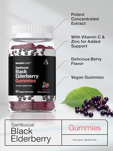 Horbaach Sambucus Schwarzer Holunder Gummibärchen | 60 Stück | mit Zink und Vitamin C | Vegan, Nicht-GVO, Glutenfrei | Holunderextrakt für Erwachsene | Beerengeschmack | von Berkshire Labs