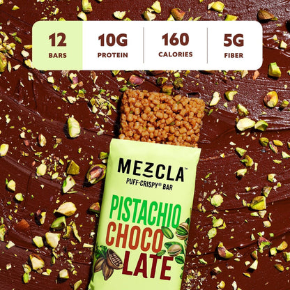 Mezcla Puff-Crispy Pflanzenproteinriegel – Pistazie Schokolade – Gesunde Snacks für Erwachsene & Dubai-Schokoladenfans – Reise- & Bürosnacks – Glutenfrei, Vegan, Ohne Gentechnik, 10g Protein – 12er Pack