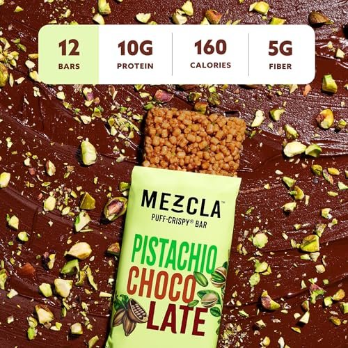 Mezcla Puff-Crispy Pflanzenproteinriegel – Pistazie Schokolade – Gesunde Snacks für Erwachsene & Dubai-Schokoladenfans – Reise- & Bürosnacks – Glutenfrei, Vegan, Ohne Gentechnik, 10g Protein – 12er Pack