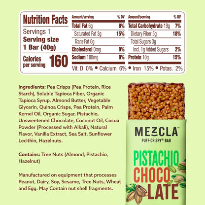 Mezcla Puff-Crispy Pflanzenproteinriegel – Pistazie Schokolade – Gesunde Snacks für Erwachsene & Dubai-Schokoladenfans – Reise- & Bürosnacks – Glutenfrei, Vegan, Ohne Gentechnik, 10g Protein – 12er Pack