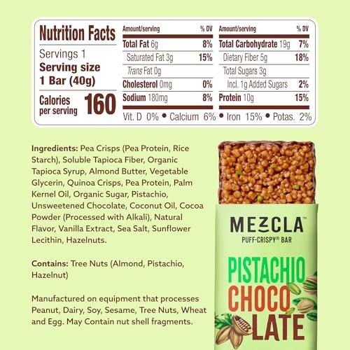 Mezcla Puff-Crispy Pflanzenproteinriegel – Pistazie Schokolade – Gesunde Snacks für Erwachsene & Dubai-Schokoladenfans – Reise- & Bürosnacks – Glutenfrei, Vegan, Ohne Gentechnik, 10g Protein – 12er Pack