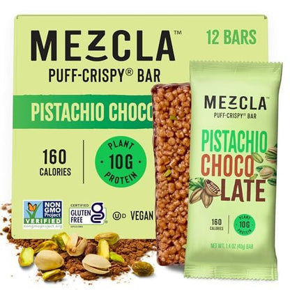 Mezcla Puff-Crispy Pflanzenproteinriegel – Pistazie Schokolade – Gesunde Snacks für Erwachsene & Dubai-Schokoladenfans – Reise- & Bürosnacks – Glutenfrei, Vegan, Ohne Gentechnik, 10g Protein – 12er Pack