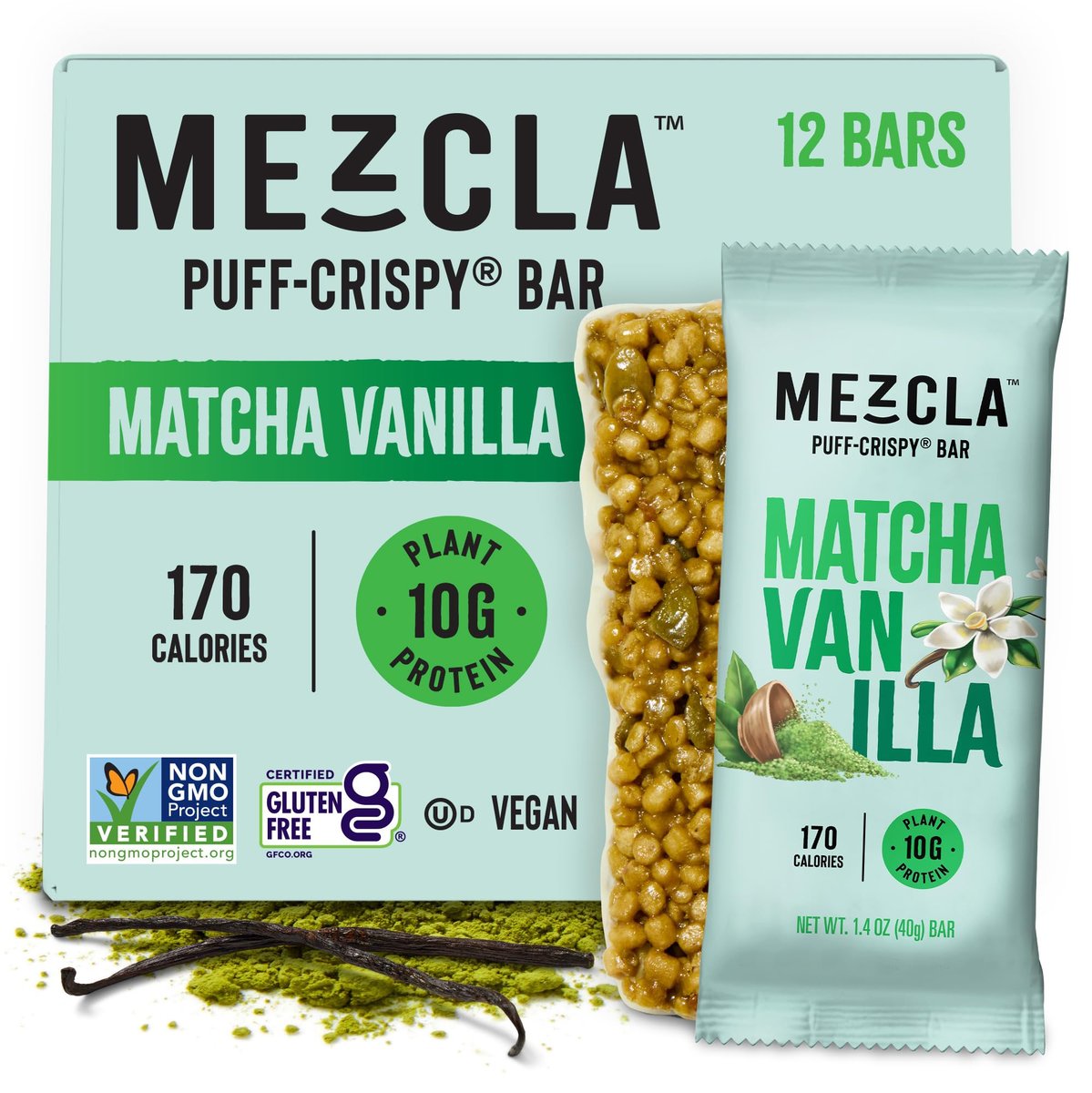Mezcla Puff-Crispy Proteinriegel - Matcha Vanille - Vegane, glutenfreie Snacks mit 10g Protein für Erwachsene, Reisen, Büro & Schule - 12er Pack