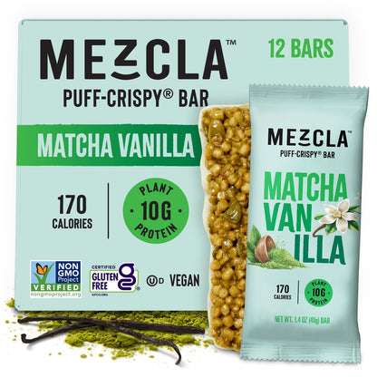 Mezcla Puff-Crispy Proteinriegel - Matcha Vanille - Vegane, glutenfreie Snacks mit 10g Protein für Erwachsene, Reisen, Büro & Schule - 12er Pack
