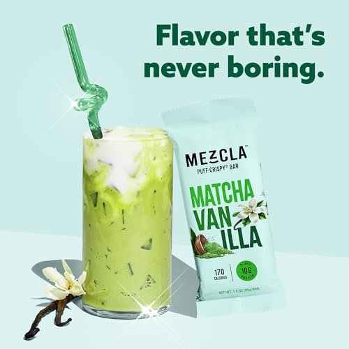 Mezcla Puff-Crispy Proteinriegel - Matcha Vanille - Vegane, glutenfreie Snacks mit 10g Protein für Erwachsene, Reisen, Büro & Schule - 12er Pack