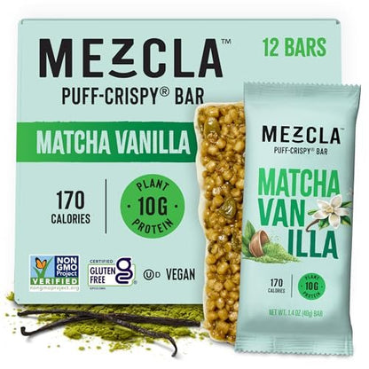 Mezcla Puff-Crispy Proteinriegel - Matcha Vanille - Vegane, glutenfreie Snacks mit 10g Protein für Erwachsene, Reisen, Büro & Schule - 12er Pack
