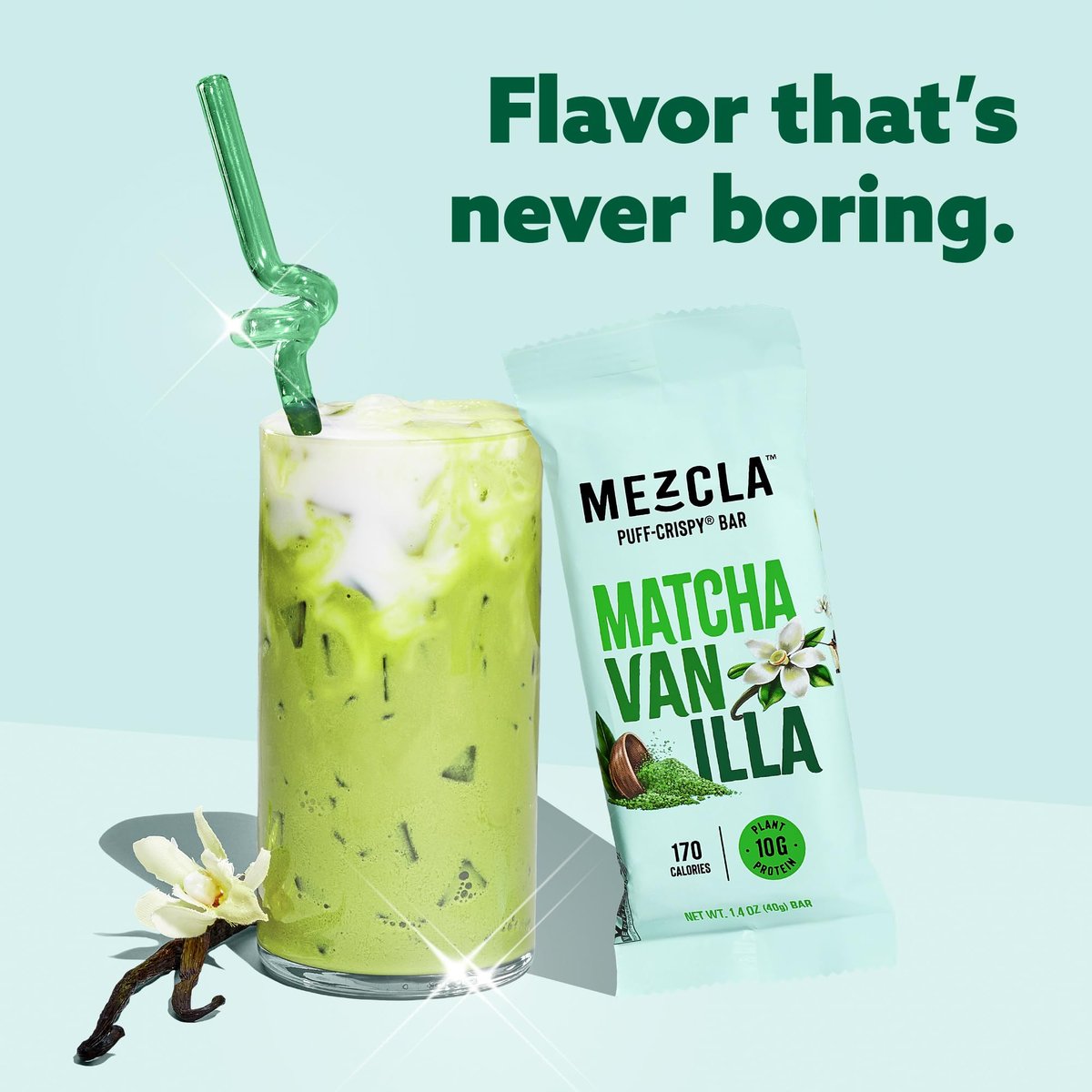 Mezcla Puff-Crispy Proteinriegel - Matcha Vanille - Vegane, glutenfreie Snacks mit 10g Protein für Erwachsene, Reisen, Büro & Schule - 12er Pack