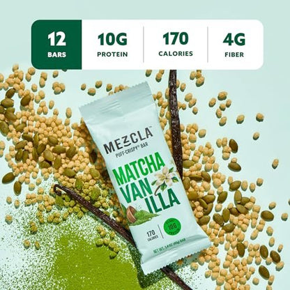 Mezcla Puff-Crispy Proteinriegel - Matcha Vanille - Vegane, glutenfreie Snacks mit 10g Protein für Erwachsene, Reisen, Büro & Schule - 12er Pack