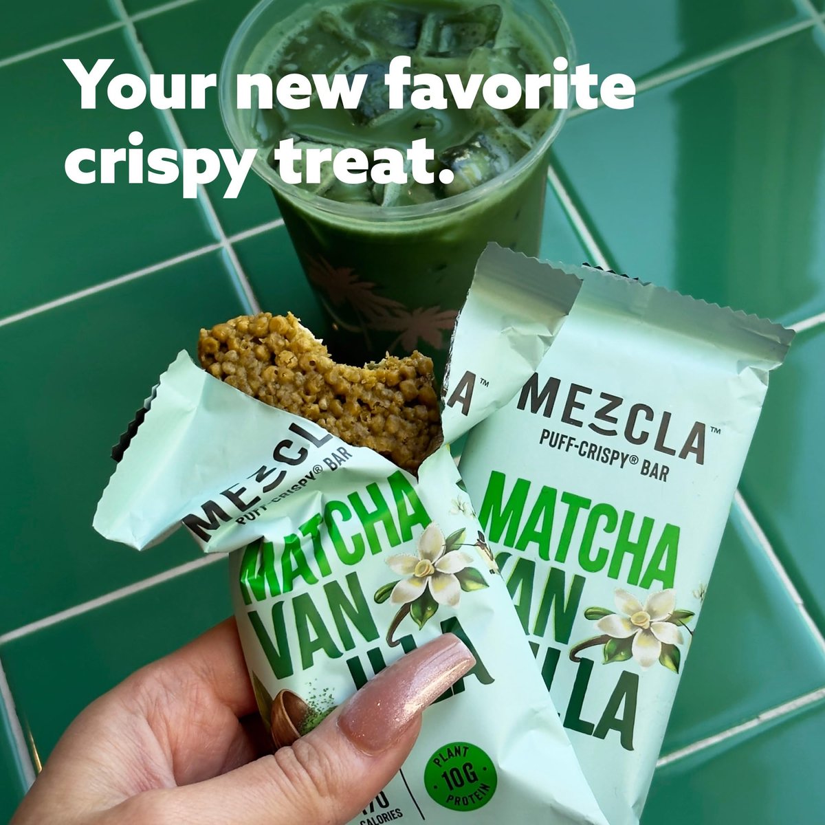 Mezcla Puff-Crispy Proteinriegel - Matcha Vanille - Vegane, glutenfreie Snacks mit 10g Protein für Erwachsene, Reisen, Büro & Schule - 12er Pack