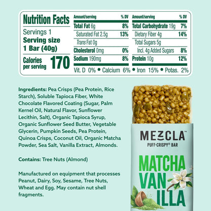 Mezcla Puff-Crispy Proteinriegel - Matcha Vanille - Vegane, glutenfreie Snacks mit 10g Protein für Erwachsene, Reisen, Büro & Schule - 12er Pack