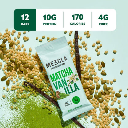 Mezcla Puff-Crispy Proteinriegel - Matcha Vanille - Vegane, glutenfreie Snacks mit 10g Protein für Erwachsene, Reisen, Büro & Schule - 12er Pack