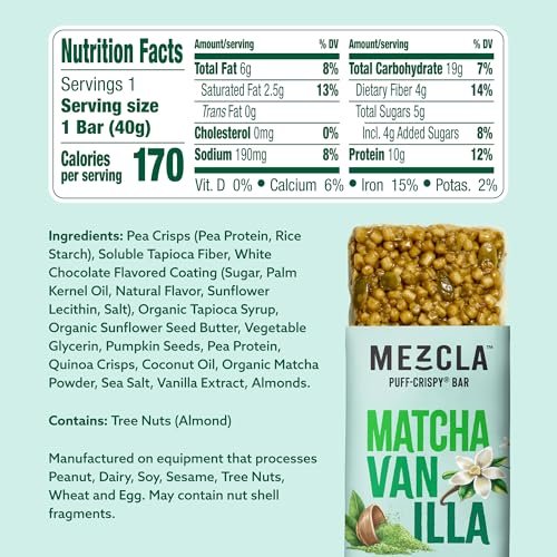 Mezcla Puff-Crispy Proteinriegel - Matcha Vanille - Vegane, glutenfreie Snacks mit 10g Protein für Erwachsene, Reisen, Büro & Schule - 12er Pack
