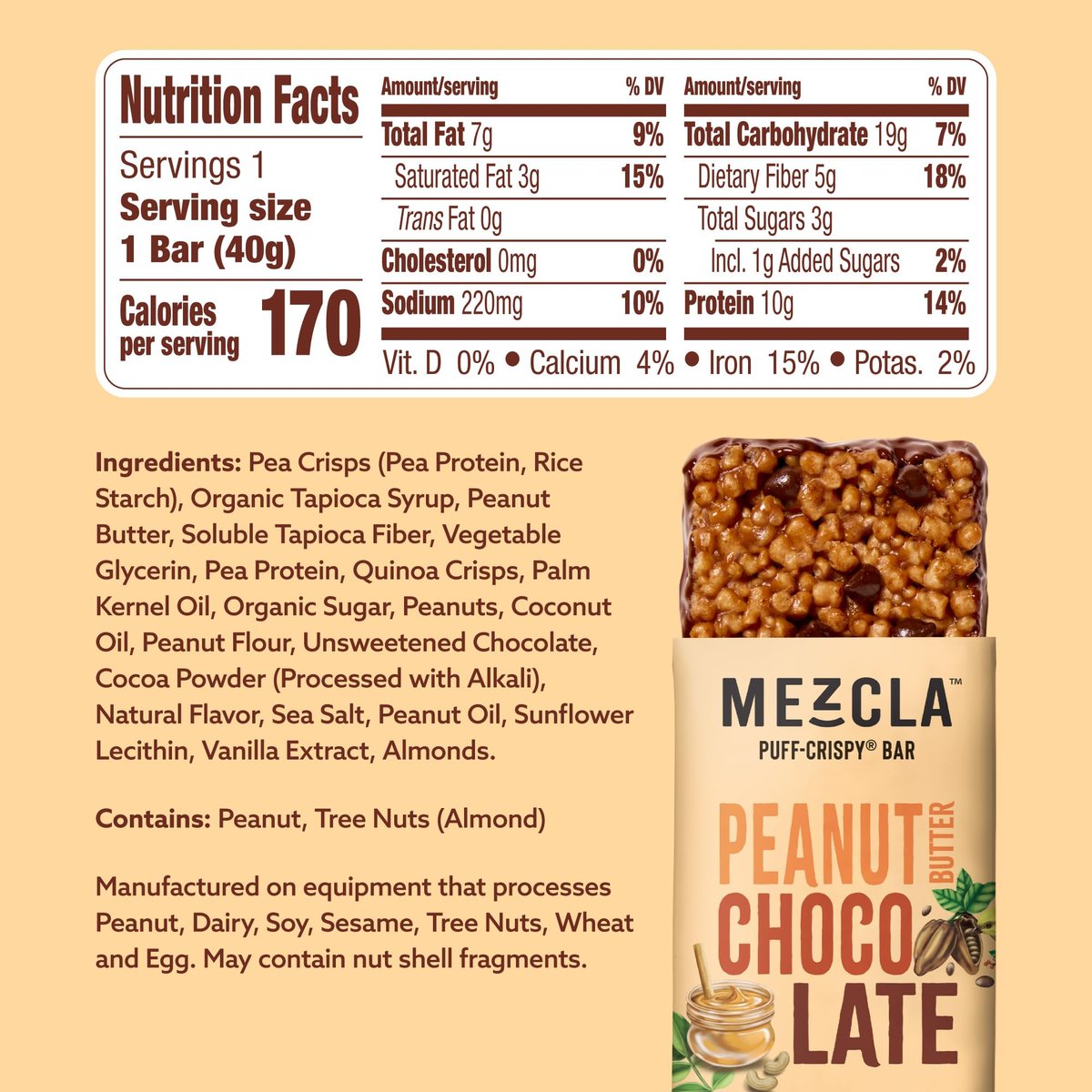 Mezcla Puff-Crispy Proteinriegel auf pflanzlicher Basis - Erdnussbutter Schokolade - Gesunde Snacks für Erwachsene & Kinder - Perfekt für Schule, Reisen & Büro - Glutenfrei, vegan, ohne Gentechnik, 10g Protein - 12er Pack