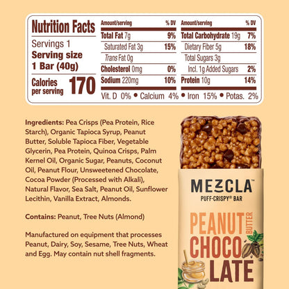 Mezcla Puff-Crispy Proteinriegel auf pflanzlicher Basis - Erdnussbutter Schokolade - Gesunde Snacks für Erwachsene & Kinder - Perfekt für Schule, Reisen & Büro - Glutenfrei, vegan, ohne Gentechnik, 10g Protein - 12er Pack