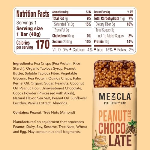 Mezcla Puff-Crispy Proteinriegel auf pflanzlicher Basis - Erdnussbutter Schokolade - Gesunde Snacks für Erwachsene & Kinder - Perfekt für Schule, Reisen & Büro - Glutenfrei, vegan, ohne Gentechnik, 10g Protein - 12er Pack