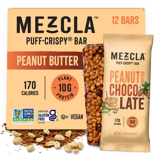 Mezcla Puff-Crispy Proteinriegel auf pflanzlicher Basis - Erdnussbutter Schokolade - Gesunde Snacks für Erwachsene & Kinder - Perfekt für Schule, Reisen & Büro - Glutenfrei, vegan, ohne Gentechnik, 10g Protein - 12er Pack