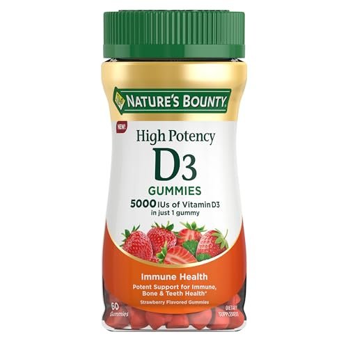 Nature's Bounty Vitamin D 5000 IE Gummis für Erwachsene - Hochdosiertes Vitamin D3 zur Unterstützung des Immunsystems und der Knochengesundheit - Erdbeergeschmack - 60 vegane Gummis (2-Monats-Vorrat)