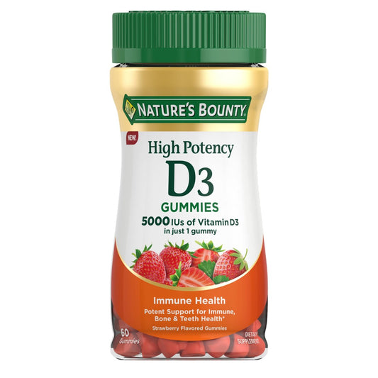 Nature's Bounty Vitamin D 5000 IE Gummis für Erwachsene - Hochdosiertes Vitamin D3 zur Unterstützung des Immunsystems und der Knochengesundheit - Erdbeergeschmack - 60 vegane Gummis (2-Monats-Vorrat)