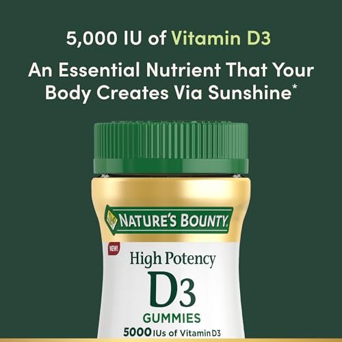 Nature's Bounty Vitamin D 5000 IE Gummis für Erwachsene - Hochdosiertes Vitamin D3 zur Unterstützung des Immunsystems und der Knochengesundheit - Erdbeergeschmack - 60 vegane Gummis (2-Monats-Vorrat)