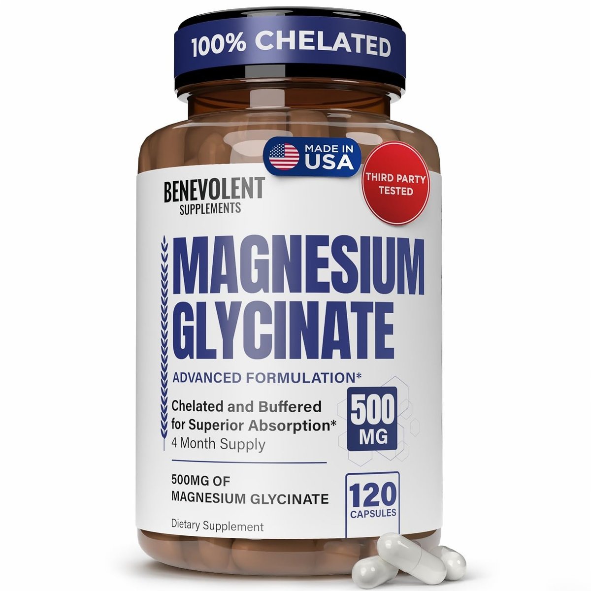Premium Magnesium Kapseln 500mg, Hochabsorbierend, Chelatisiert, Gepuffert, Citrat, Glycinat – Unterstützt Verdauung, Knochen, Schlaf & Muskeln – 120 Kapseln