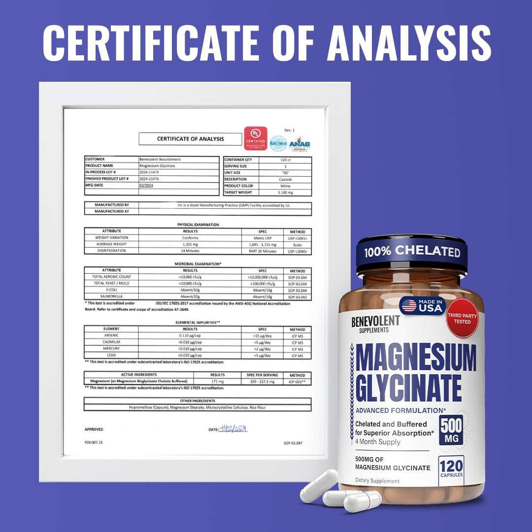 Premium Magnesium Kapseln 500mg, Hochabsorbierend, Chelatisiert, Gepuffert, Citrat, Glycinat – Unterstützt Verdauung, Knochen, Schlaf & Muskeln – 120 Kapseln