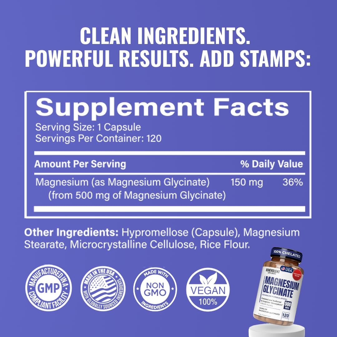 Premium Magnesium Kapseln 500mg, Hochabsorbierend, Chelatisiert, Gepuffert, Citrat, Glycinat – Unterstützt Verdauung, Knochen, Schlaf & Muskeln – 120 Kapseln