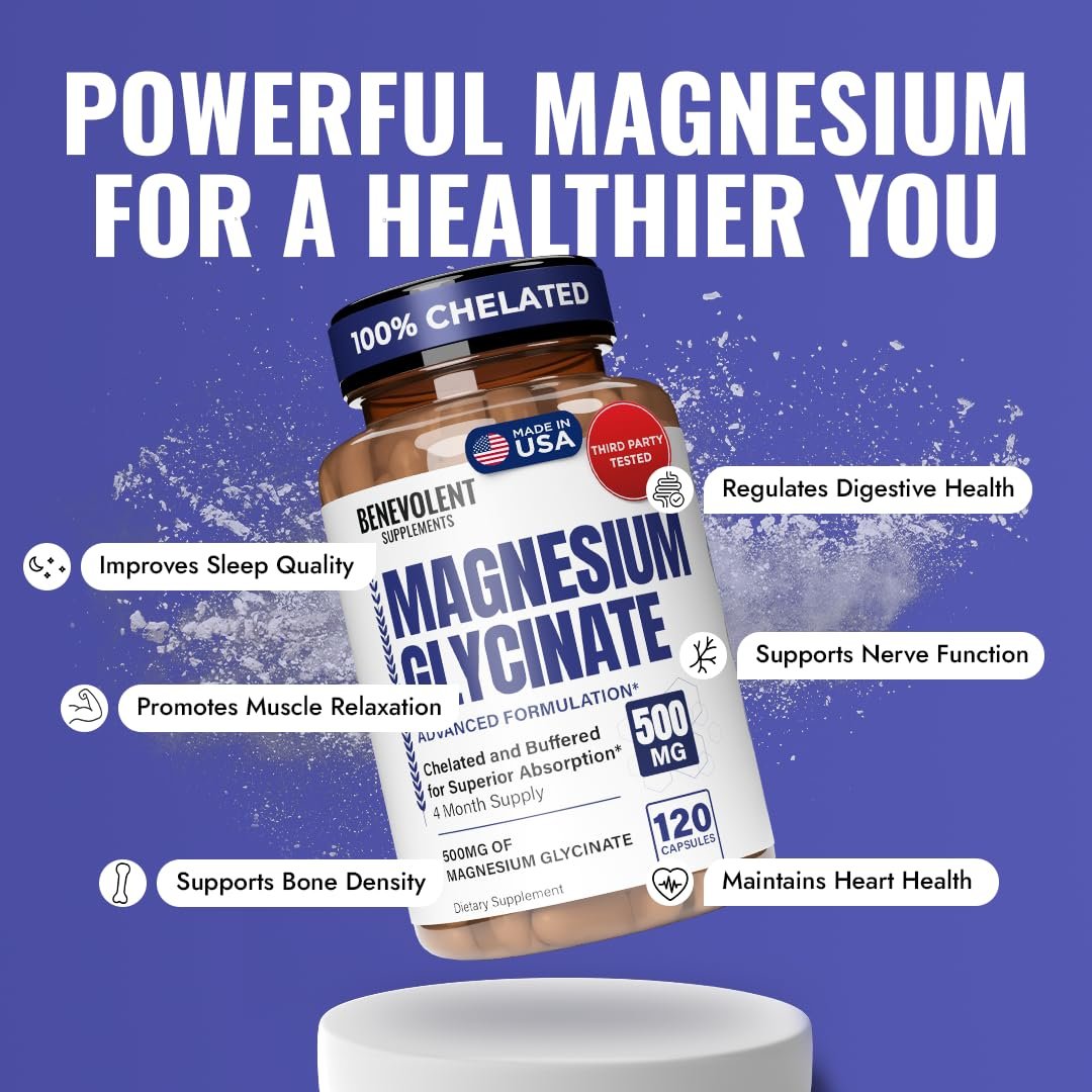 Premium Magnesium Kapseln 500mg, Hochabsorbierend, Chelatisiert, Gepuffert, Citrat, Glycinat – Unterstützt Verdauung, Knochen, Schlaf & Muskeln – 120 Kapseln