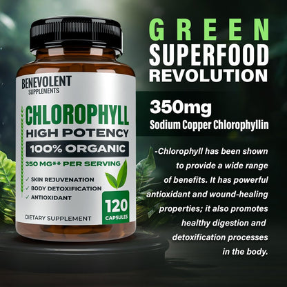Benevolent Nourishment Chlorophyll Nahrungsergänzungsmittel – Detox & Immununterstützung, innerer Deodorant, Kapseln (120 Stück)