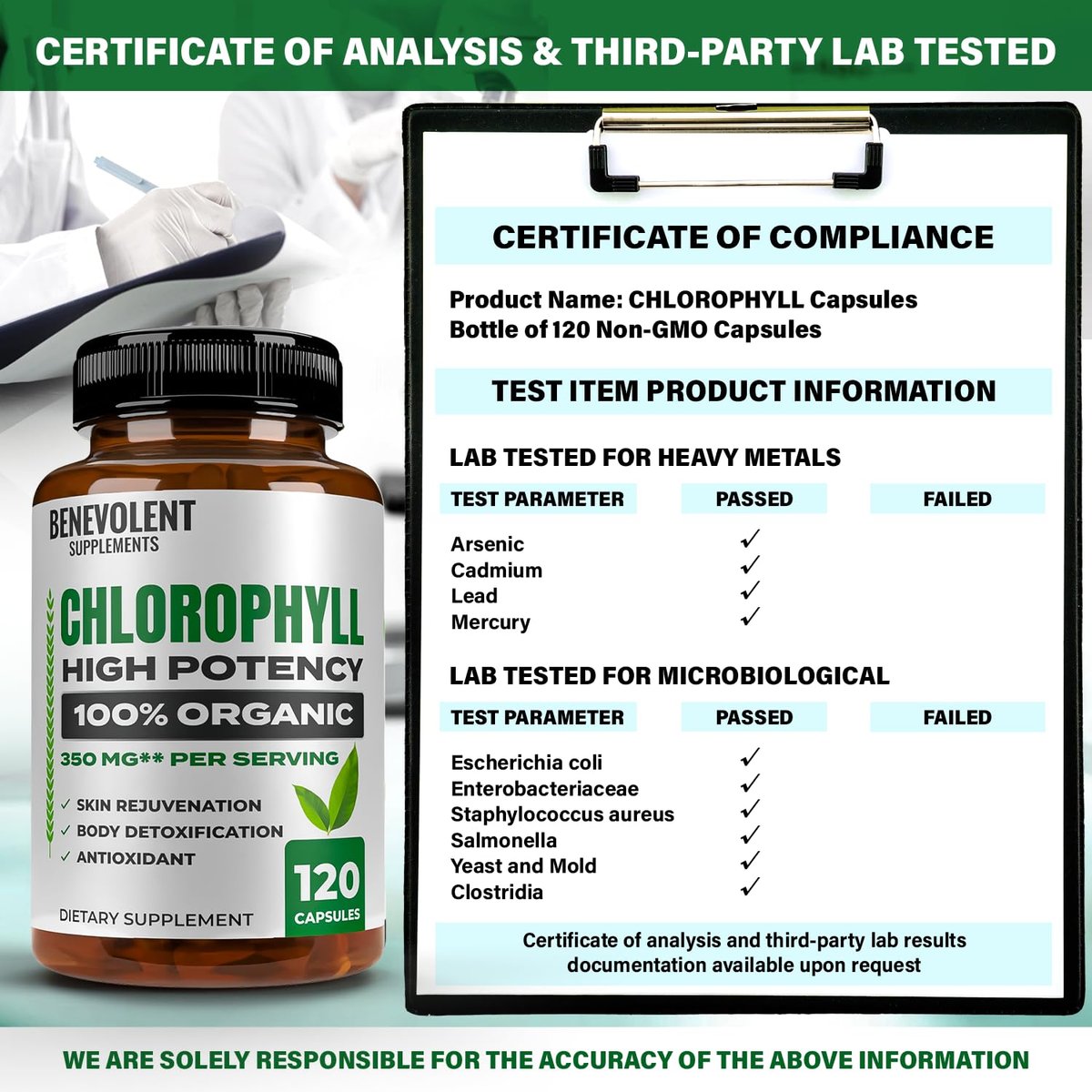 Benevolent Nourishment Chlorophyll Nahrungsergänzungsmittel – Detox & Immununterstützung, innerer Deodorant, Kapseln (120 Stück)
