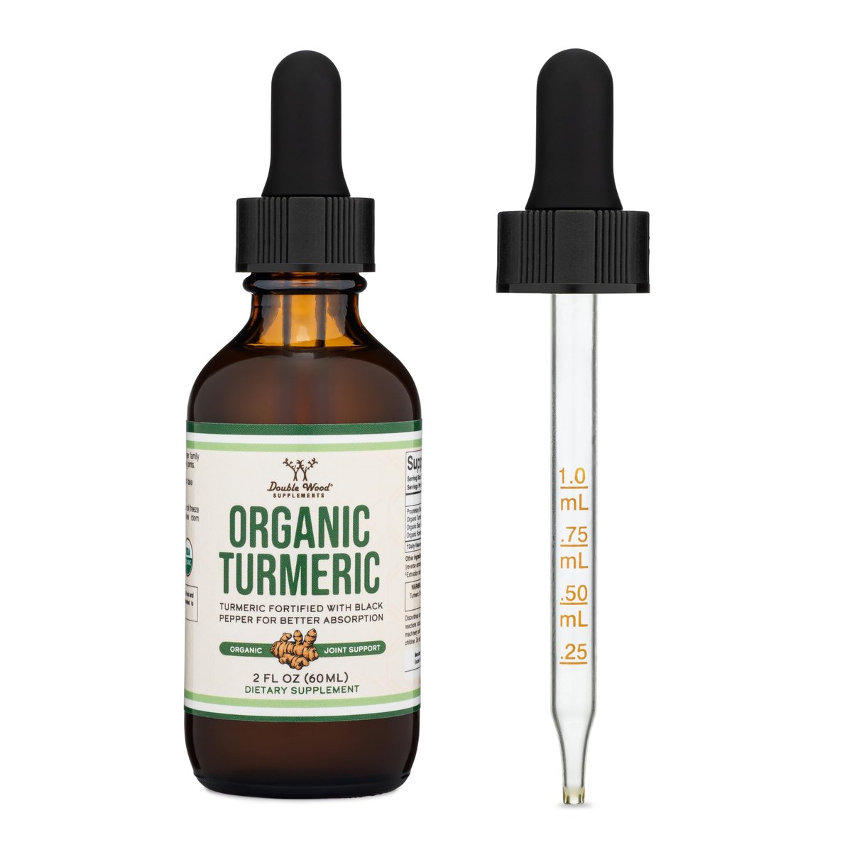 Bio Kurkuma Curcumin mit Schwarzem Pfeffer Tropfen – 1.180 mg, 60 Portionen, 2 Fl Oz – mit Ingwer, Rosmarin & Salbei – von Double Wood