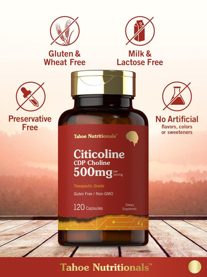 Tahoe Nutritionals Citicolin Supplement | 500mg | 120 Kapseln | CDP-Cholin | Therapeutische Qualität | Non-GMO & Glutenfrei